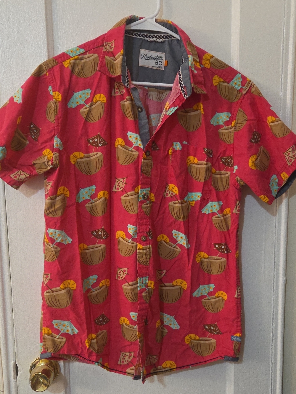 Huntington Beach Tropical Tiki Men’s Pink Short-Sleeve Button Down Shirt NWOT
